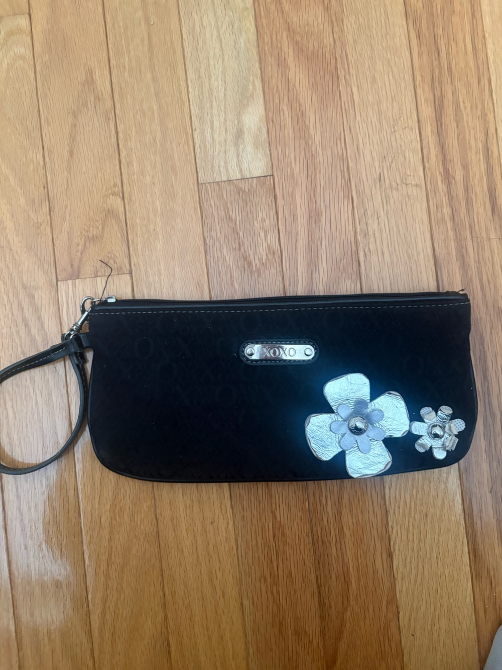 XOXO Black Wristlet Clutch with Silver and Lavender Floral Accents